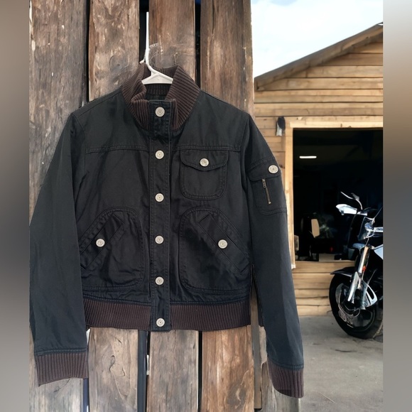 GAP Jackets & Blazers - Gap Bomber Black Denim Jacket S Snap Close Front & Pockets Brown Ribbed Collar